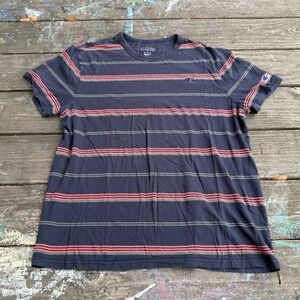 Champion Men's Navy T-Shirt with Red/Orange and Gray Stripes